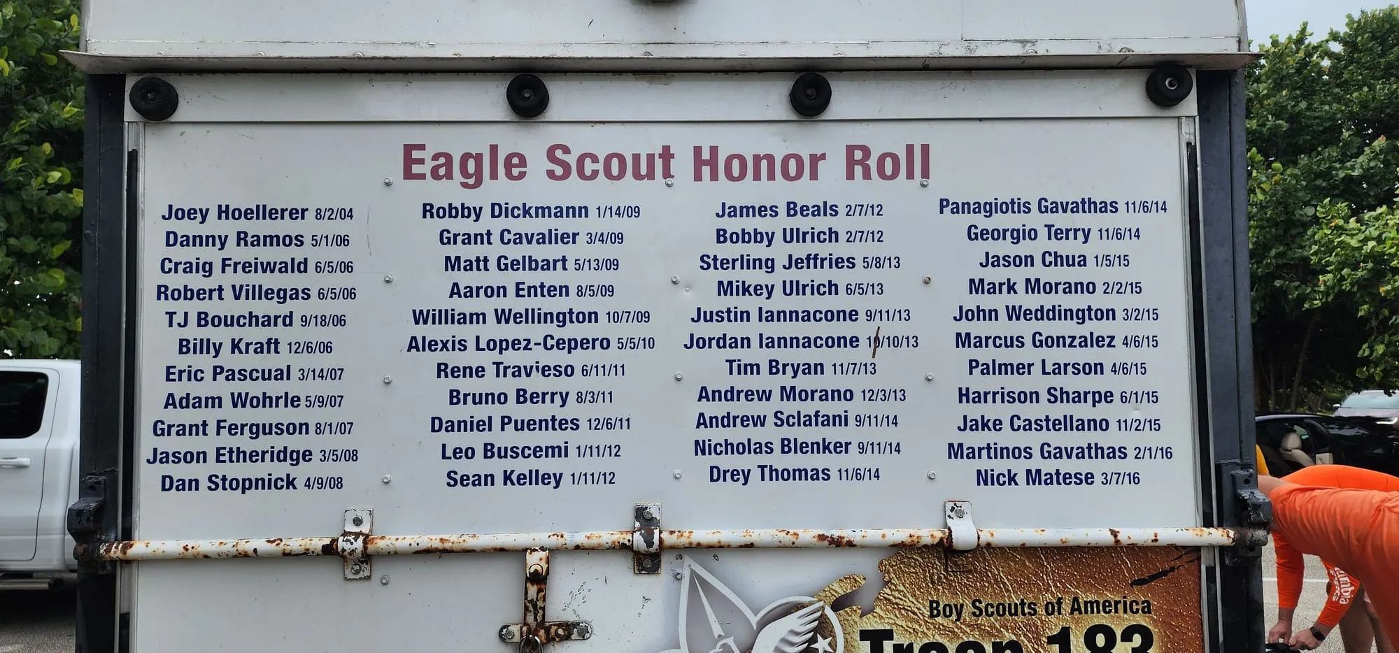 The Eagle Scout Honor Roll painted on the back of the Troop 183 trailer, listing Eagle Scouts by name and date.